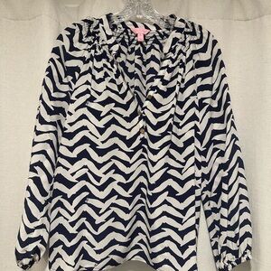 Lilly Pulitzer Navy and White Bird Print Blouse
